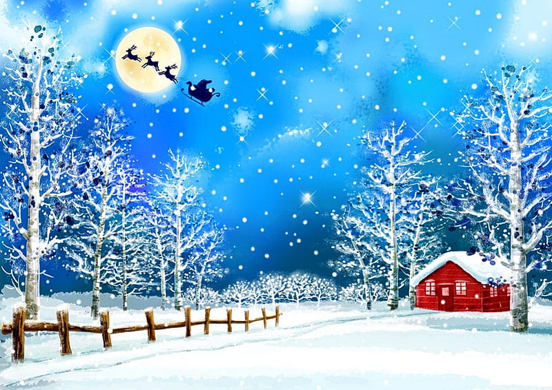 Santa's coming, fence, house, lovely, cottage, christmas, holiday, bonito, sky, winter, come, santa, nice, moon, snow, snowflakes, HD wallpaper