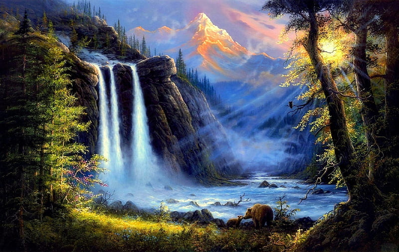 ★Waterfall of the Mysterious★, family, stunning, attractions in dreams, bonito, most ed, seasons, paintings, mountians, forests, scenery, animals, love four seasons, creative pre-made, spring, trees, waterfalls, paradise, best of the best, wildlife, sunshine, nature, bears, HD wallpaper