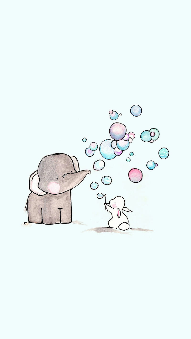 Cute Friends, bubbles, bunny, elephant, HD phone wallpaper