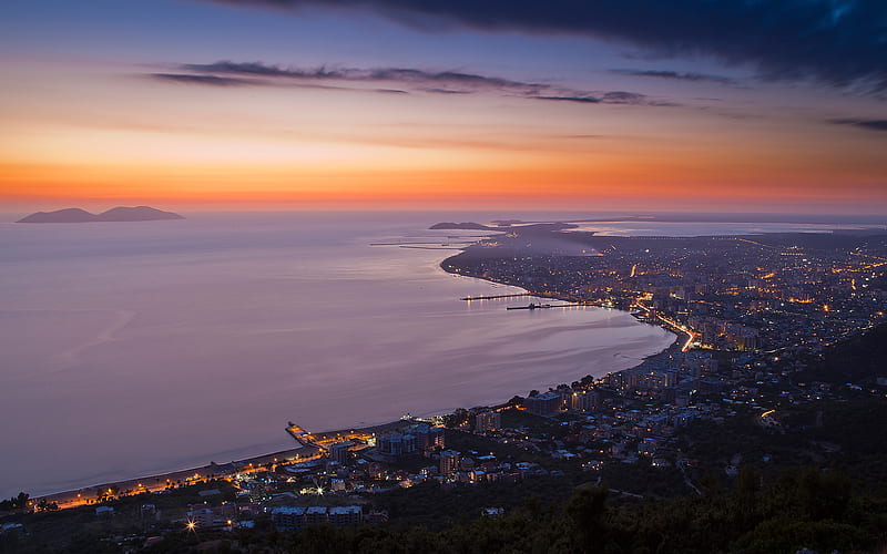 Twilight in Vlora, piers, colors, sunset, twilight, sky, clouds, lights, city, coast, HD wallpaper