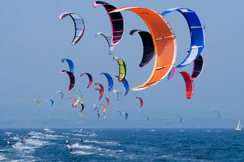 Kite Surfing, surfing, ocean, kites, people, HD wallpaper