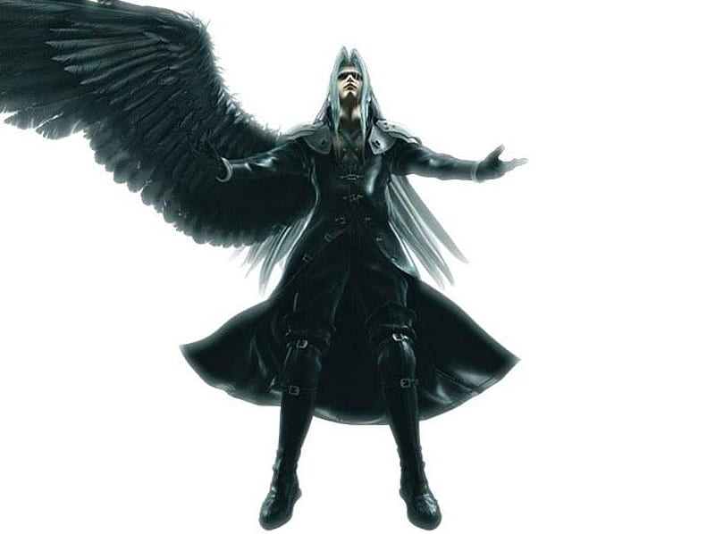 One-Winged Angel, ff7, ffvii, games, final fantasy 7, white hair, video games, white background, anime, final fantasy, long hair, sephiroth, wings, male, final fantasy vii, trench coat, lone, dissidia, HD wallpaper