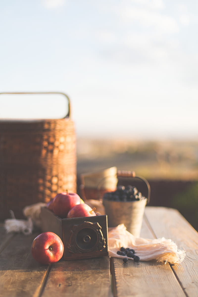 apples, blueberries, fruits, berries, table, picnic, HD phone wallpaper