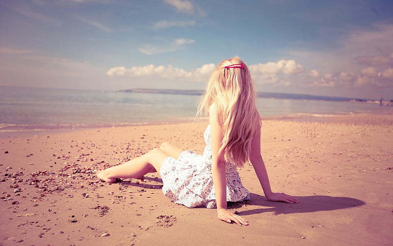 woman, blonde, sand, beach, clouds, horizon, model, white dress, Girls, HD wallpaper