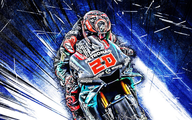 Fabio Quartararo, grunge art, MotoGP, 2019 bikes, Petronas Yamaha SRT, blue abstract rays, Fabio Quartararo on track, racing bikes, Yamaha YZR-M1, Yamaha, HD wallpaper