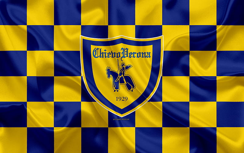 AC ChievoVerona logo, creative art, yellow blue checkered flag, Italian football club, emblem, silk texture, Serie A, Verona, Italy, HD wallpaper