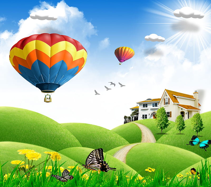 Nature , balloon, balloons, clouds, flower, flowers, grass, house, sky, sun, HD wallpaper