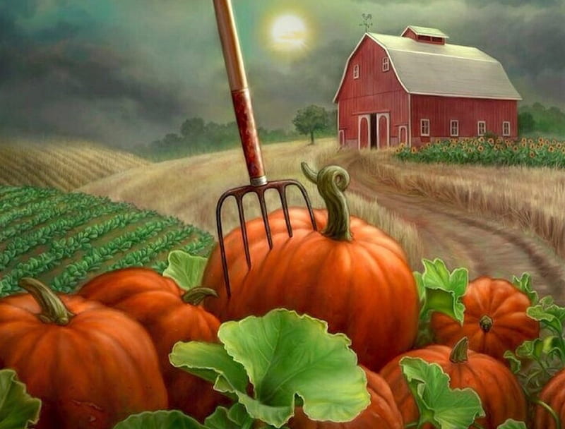 Pumpkin Patch, Clouds, Moon, Farm, Painting, Autumn, abstract, barn, pumpkins, HD wallpaper