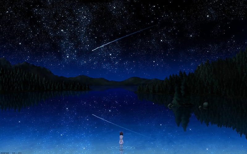 nIGHT, stars, black, magic, sky, sea, girl, anime, star, blue, HD wallpaper