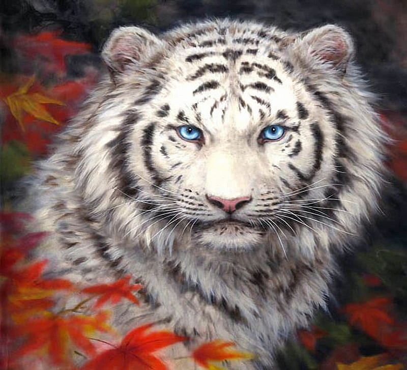 White Tiger, eyes, portrait, animal, leaves, autumn, painting, HD wallpaper