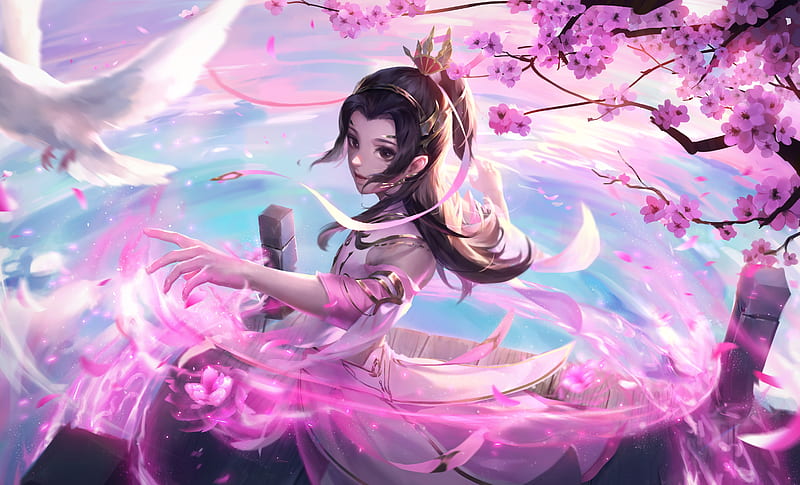 anime boy, sakura blossom, seagull, petals, scenery, Anime, HD wallpaper