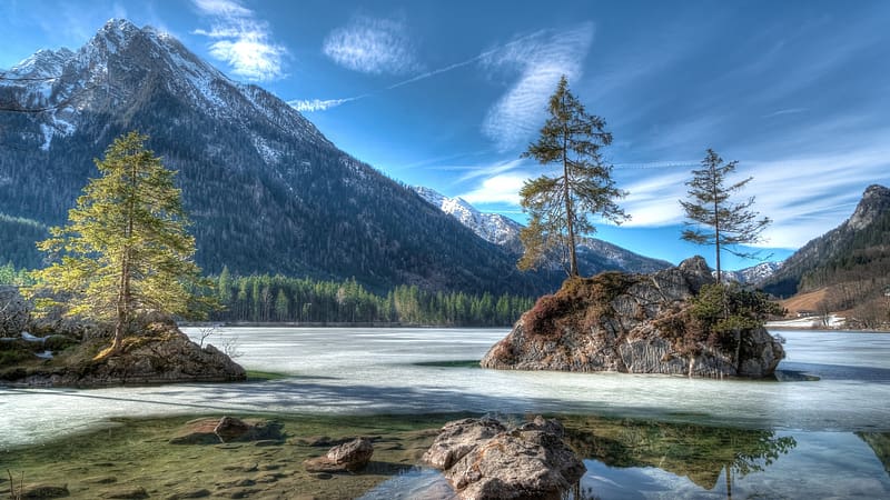 Lake In The Bavarian Alps In Winter, snow, germany, landscape, trees, sky, mountains, rocks, ice, clouds, HD wallpaper