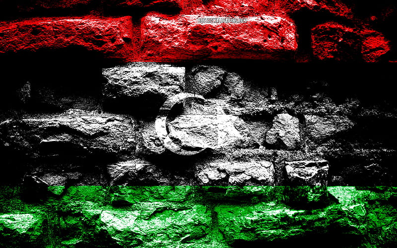 Libya flag, grunge brick texture, Flag of Libya, flag on brick wall, Libya, flags of Africa countries, HD wallpaper