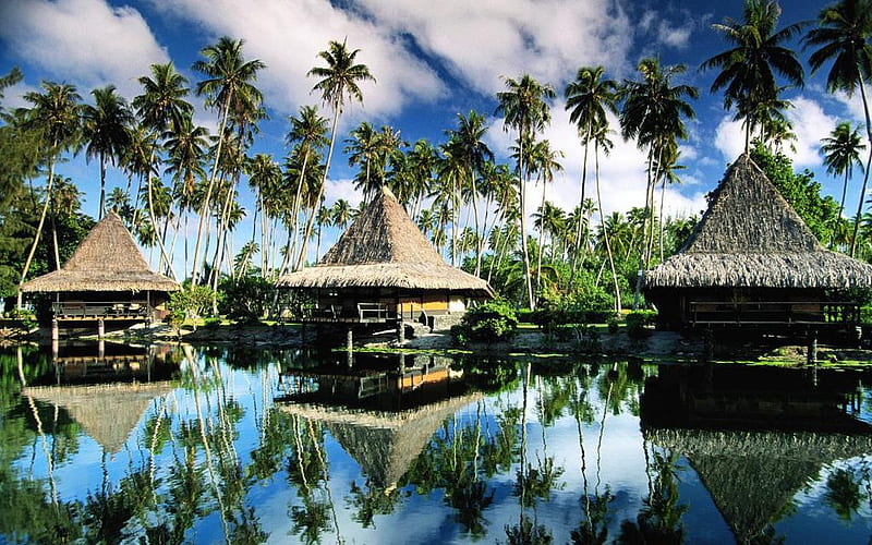 Hotel bungalows moorea french polynesia, huts, water, bonito, reflections, trees, clouds, blue, HD wallpaper
