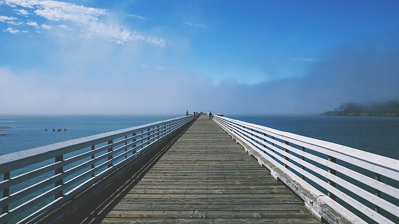 gray and white wooden sea dock under blue and white sky at daytime, HD wallpaper