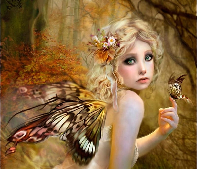 Fairy, wings, fantasy, girl, bird, pasari, hand, bent schlick, luminos, HD wallpaper