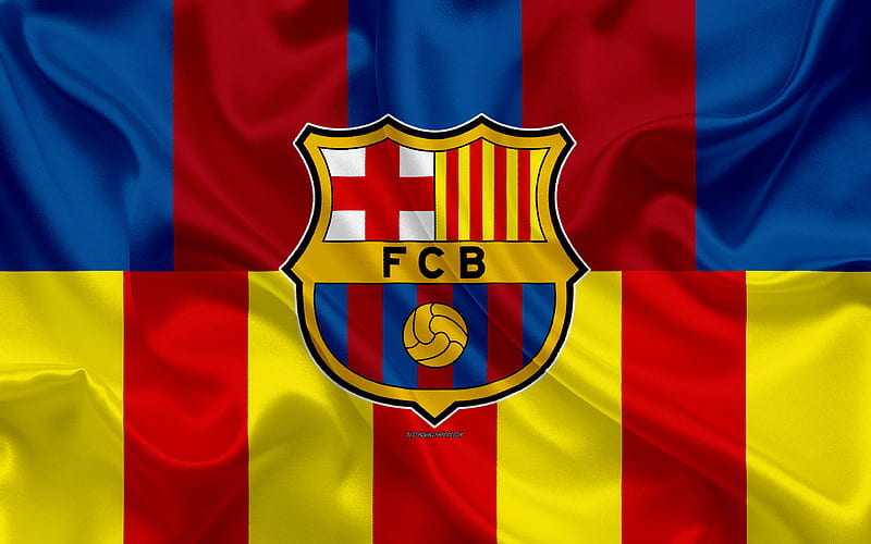 FC Barcelona logo, blue burgundy silk flag, flag of Catalonia, Spain, emblem, Spanish football club, La Liga, football, silk texture, creative art, Barca, HD wallpaper