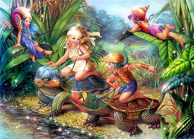 Turtle Race, turtles, water, painting, colors, artwork, fairy, HD wallpaper