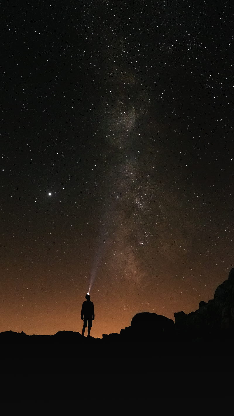 Silhouette, telescope, starry sky, night, dark, HD phone wallpaper