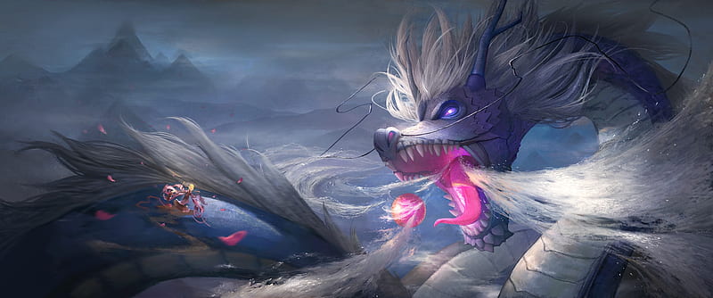 The Chinese Dragon, blue, art, fantasy, luminos, ge rocky, dragon, pink, HD wallpaper