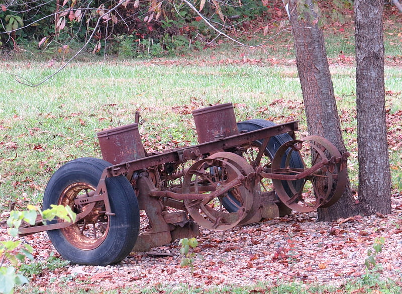 Old and Outdated, fall, autumn, Ohio, country, wheels, farm, tree, rust, nature, work, machinery, field, HD wallpaper