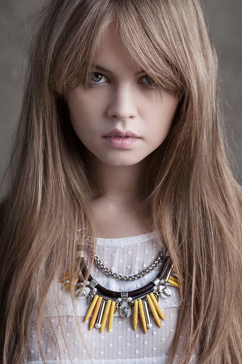 necklace, Anastasia Scheglova, long hair, green eyes, fringe hair, portrait, women, HD phone wallpaper
