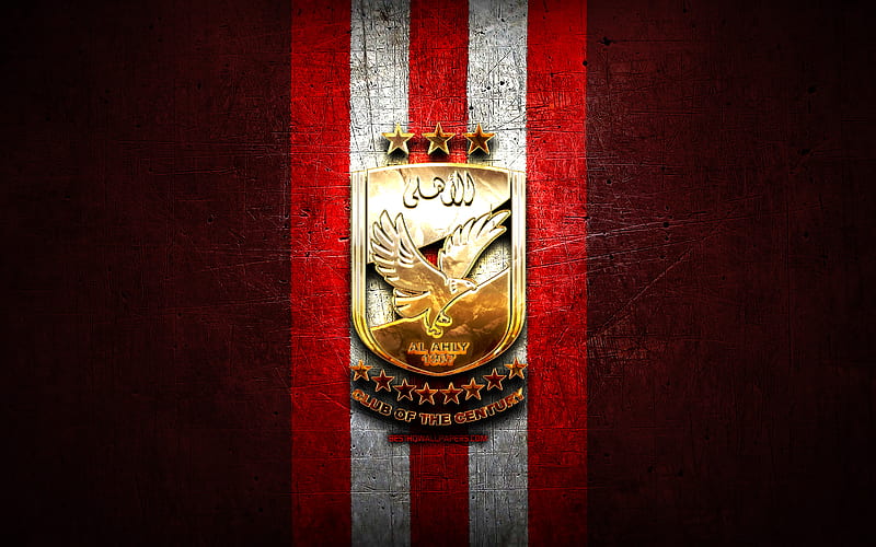 Al Ahly FC, golden logo, Egyptian Premier League, red metal background, football, EPL, egyptian football club, Al Ahly logo, soccer, Al Ahly SC, HD wallpaper