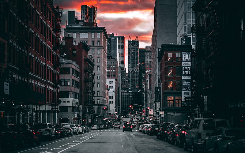 New York, evening, sunset, streets, NYC, cityscape, skyscrapers, USA, HD wallpaper