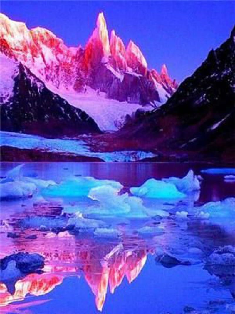 Pink mountain , sunset, sunrise, snow, ice, water, lake, peak, winter, HD phone wallpaper