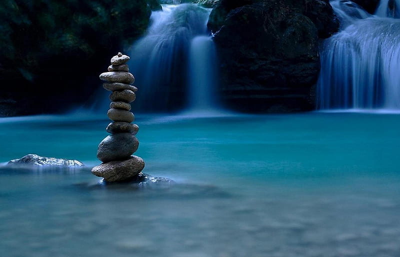 Balance of Nature, balance, stones, zen, waterfall, river, blue, HD wallpaper