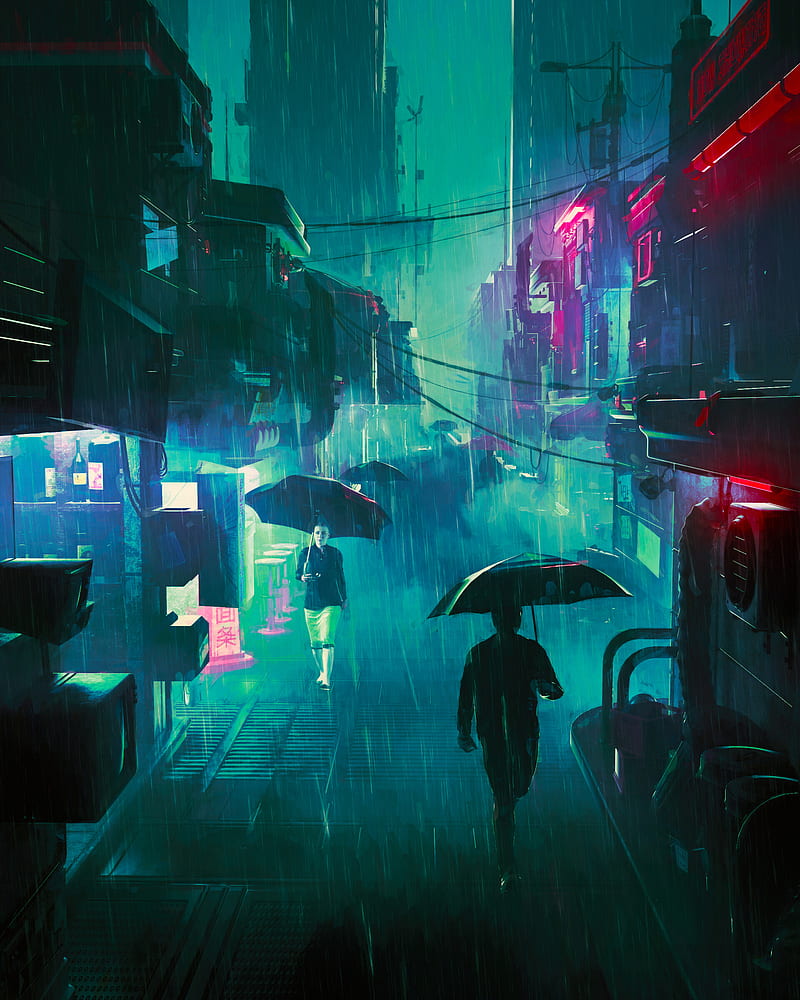 prompthunt: anime, cyberpunk, wallpaper, futuristic city, rain