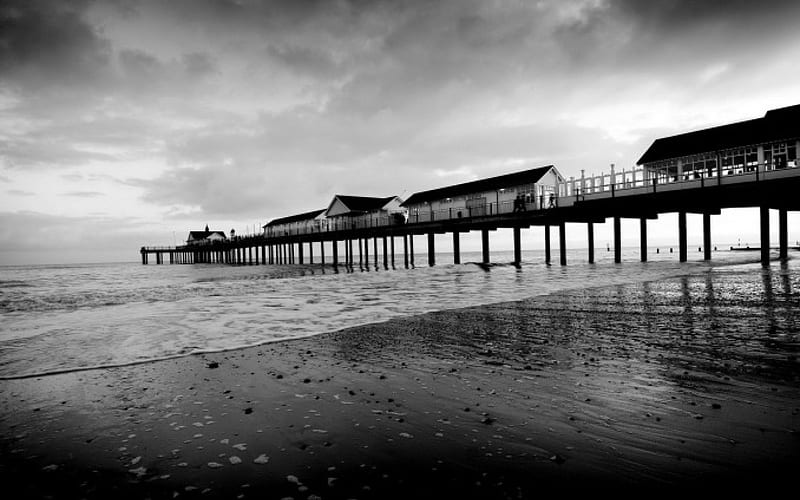 stormy clouds over commercial sea pier, beach, buildings, pier, black and white, clouds, sea, HD wallpaper