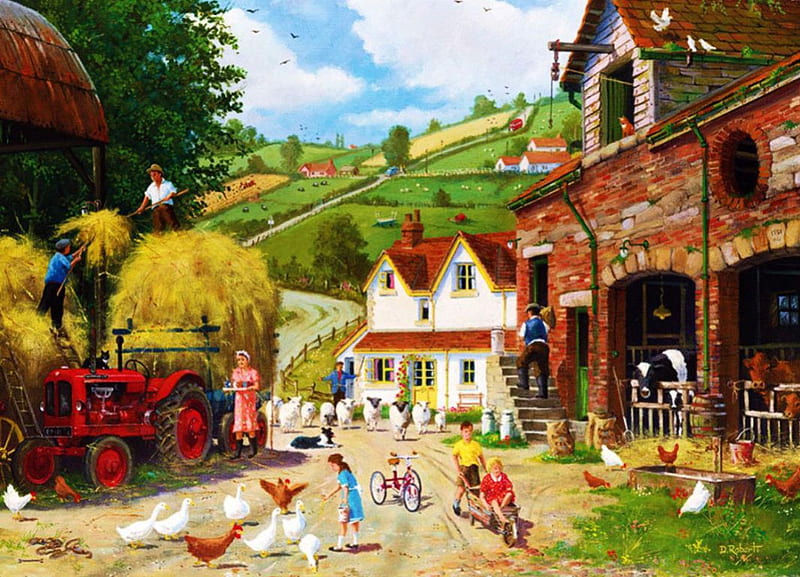 Village Life, playing, tractor, hens, houses, children, trees, artwork, sheep, landscape, cows, HD wallpaper