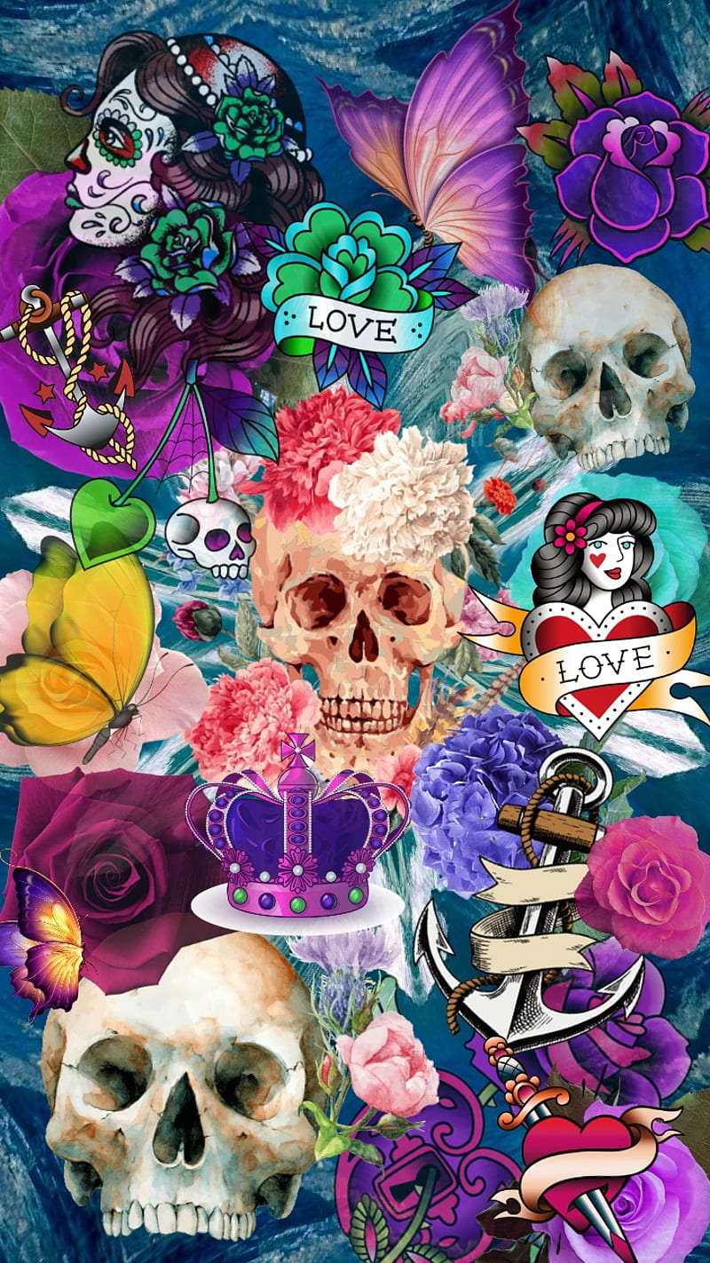 Sugar Party, dead, flower, lady, love, pink, purple, red, roses, skull, HD phone wallpaper