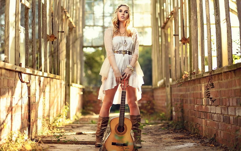 ~Cowgirl~, building, dress, guitar, cowgirl, boots, weeds, HD wallpaper