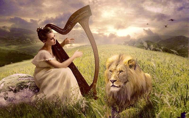 Soothe The Wild Lion, Music, fantasy, harp, feminine, beaity, Woman, sky, lion, HD wallpaper