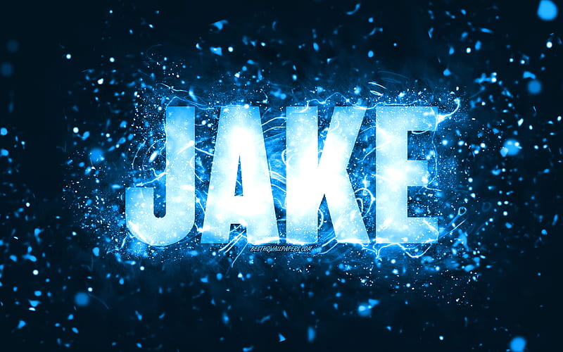 Happy Birtay Jake, blue neon lights, Jake name, creative, Jake Happy Birtay, Jake Birtay, popular american male names, with Jake name, Jake, HD wallpaper
