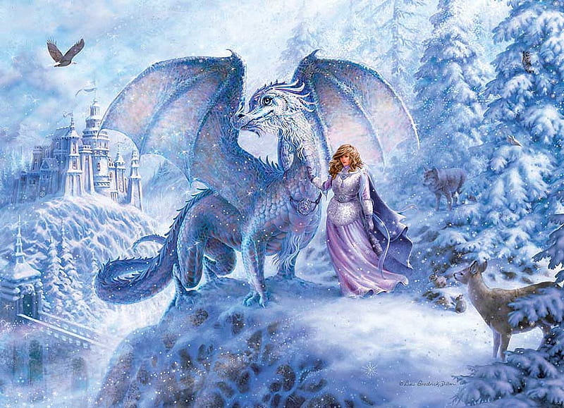 Ice Dragon, snow, eagle, castle, princess, trees, deer, winter, art, digital, wolf, HD wallpaper