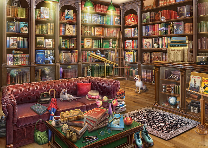 The reading room, reading room, art, susan brabeau, books, painting, pictura, cat, dog, HD wallpaper