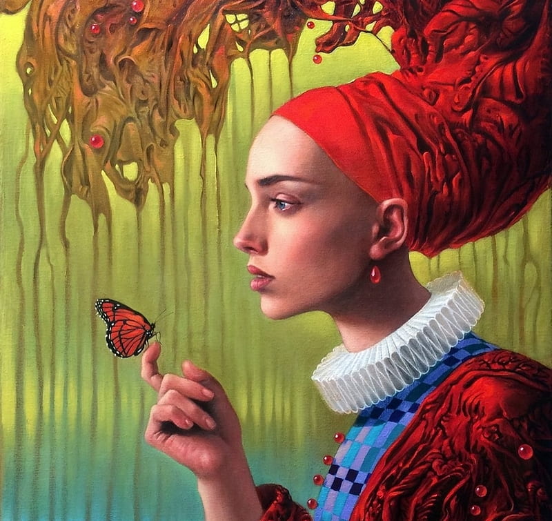 The sensation of sympathy, art, red, fantasy, butterfly, girl, painting, hand, michael cheval, HD wallpaper