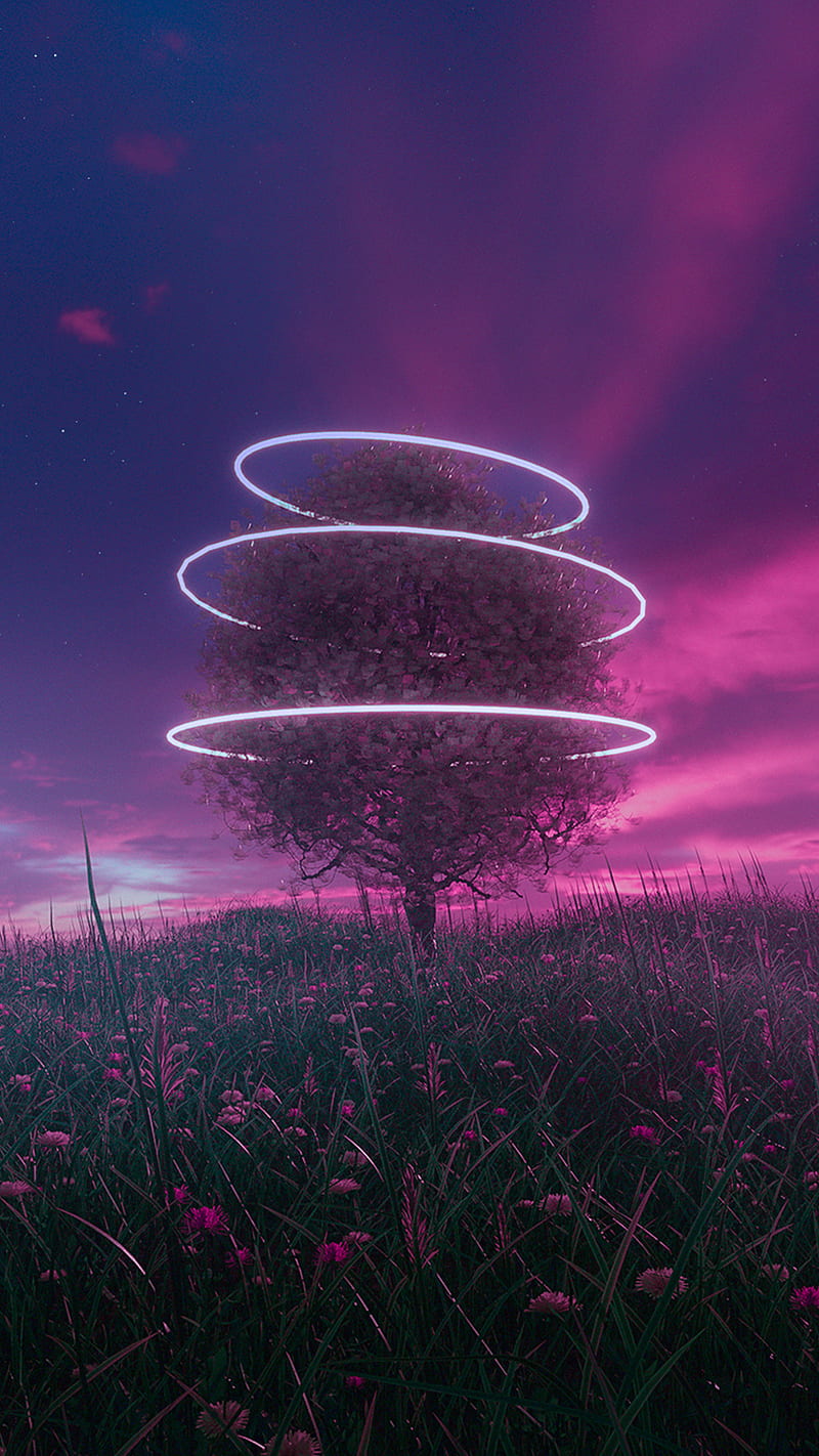 Neon tree, calm, dreamy, flowers, nature, rings, vibrant, HD phone wallpaper