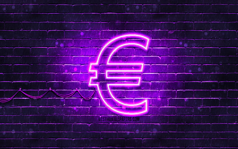 Euro violet sign violet brickwall, Euro sign, currency signs, Euro neon sign, Euro, HD wallpaper
