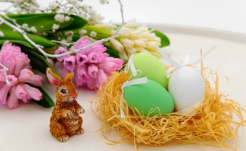 Happy Easter!, green, flower, bunny, pink, figurine, tulip, rabbit, easter, pasti, egg, nest, HD wallpaper