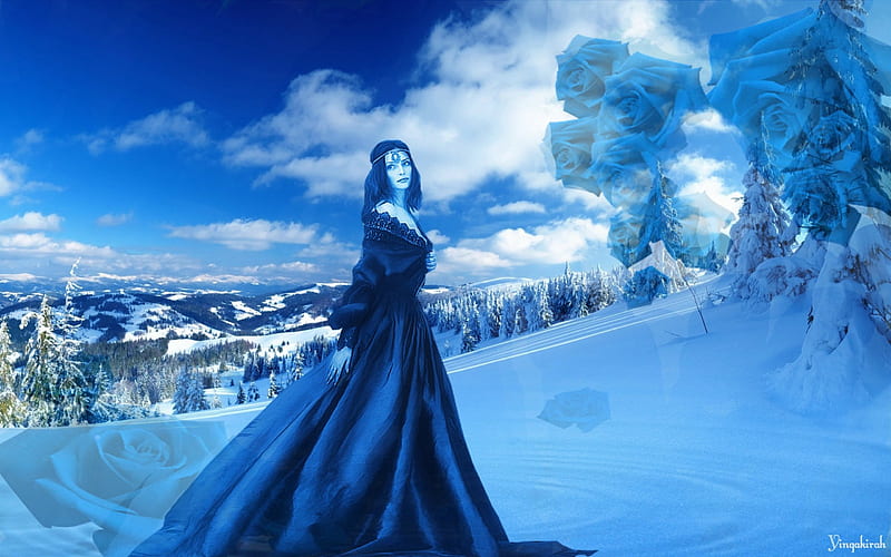 HD wallpaper: winter, women, baskets, women outdoors, blue dress, snow,  tree