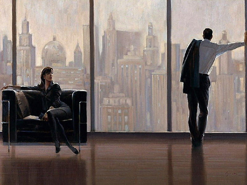 Waiting, silent, city, silence, man, room, woman, couple, skyscrapers, HD wallpaper