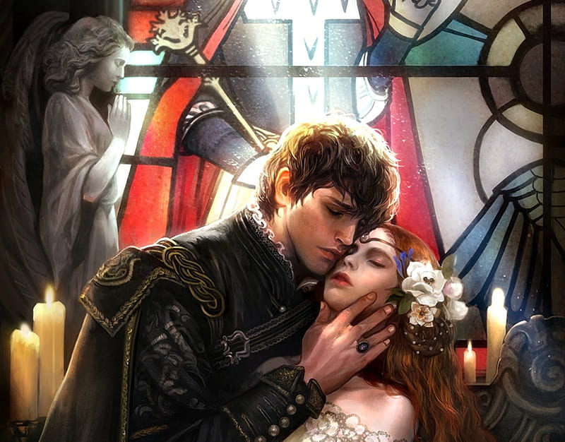 Romeo and Julieth, candle, guy, legend of the cryptids, game, man, kiss, fantasy, girl, love, loc, couple, HD wallpaper
