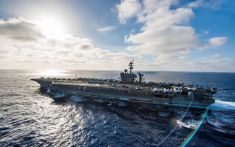 aircraft carrier, USS Carl Vinson, CVN-70, warship, US Navy, ocean, sunset, nuclear aircraft carriers, deck fighter, HD wallpaper