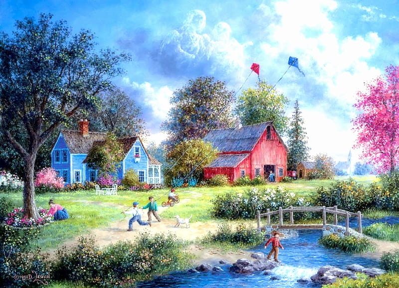 ★Flying the Kites★, grass, kites, children, attractions in dreams, bonito, clouds, paintings, landscapes, flowers, lovely, houses, bridges, colors, love four seasons, creek, sky, trees, flying, garden, HD wallpaper