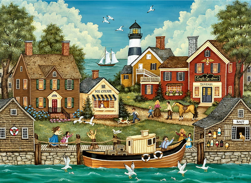 Pesky Seagulls F, art, houses, bonito, seagulls, illustration, artwork, lighthouse, animal, boat, bird, avian, painting, wide screen, wildlife, HD wallpaper
