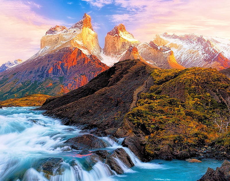Epic Sunrise, red, Torres del Paine, yellow, bonito, magic light, turquoise, mountains, Chile, waterfall, Patagonia, river, sunrise, white, snowy peaks, HD wallpaper